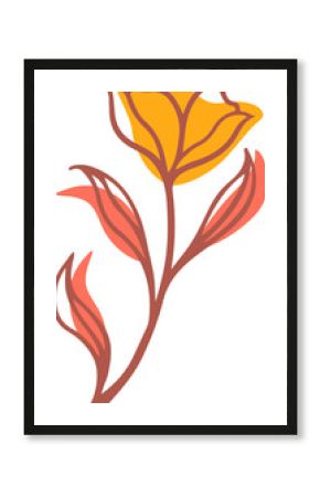 Flower stem is growing in flat design with yellow bloom and coral leaves, transparent background