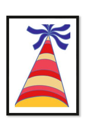Conical party hat is floating in flat vector with striped cone, ribbon burst, transparent backdrop