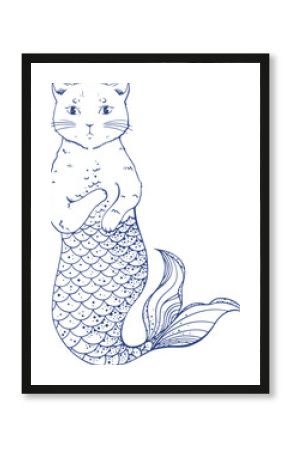 Cat-mermaid hybrid is swimming with forepaws, scaled tail in blue line art, transparent background