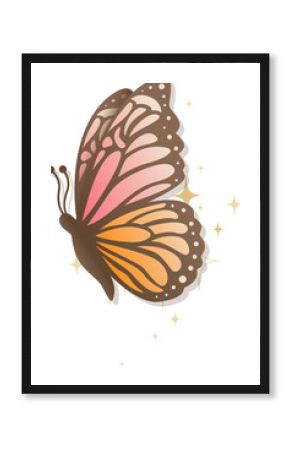 Flat design is showing butterfly with pink-to-orange wings and gold stars on transparent background