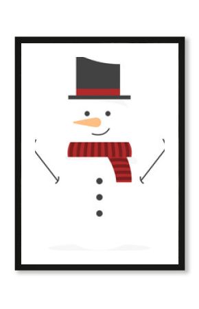 Flat design snowman is standing on transparent background, showing carrot nose, top hat, red scarf