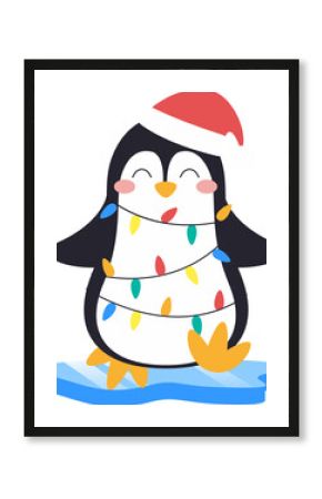 Flat design penguin is wearing Santa hat with multicolored lights on ice, transparent background