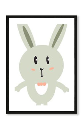 Stylized cartoon rabbit is displaying white belly patch and pink bow on transparent background