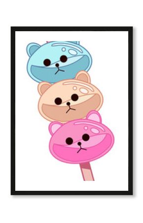 Three pastel bear popsicles are stacking on segmented stick in flat vector design, transparent