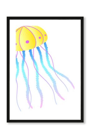 Jellyfish is floating in vector art with yellow bell and pastel tentacles on transparent background