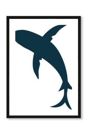 Sleek dark blue fish silhouette is leaping in flat design with forked tail, transparent background