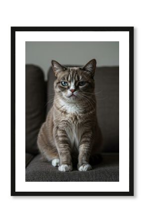Majestic Gray Cat with Striking Blue Eyes Sitting on Sofa