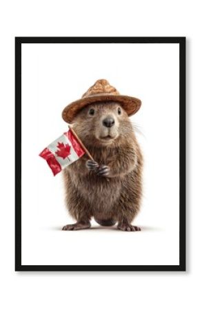a cute beaver wearing an explorer hat holding a canada flag