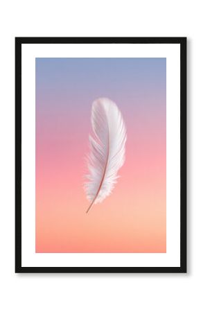 Delicate white feather floats gently against soft gradient background of pastel pink and blue, evoking calm and lightness