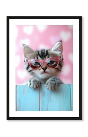 Adorable kitten wearing pink glasses peeks over turquoise wooden fence against pink background with heart bokeh pattern, paws visible on fence top.