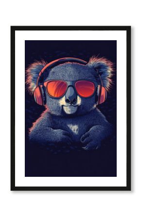 Cool koala wearing sunglasses and headphones, set against a vibrant dark background