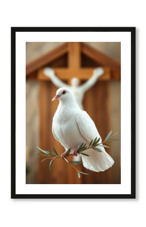 Illustration for a first communion with a white dove holding an olive branch in front of a wooden cr