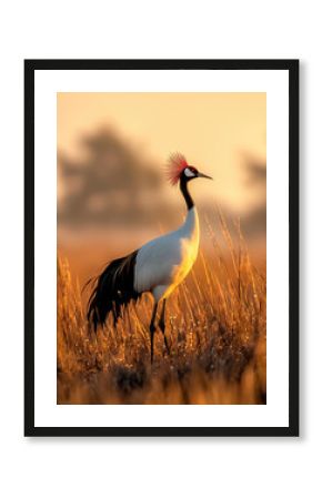 Japanese red crowned crane, elegant bird standing in golden grass at sunrise, peaceful and majestic wildlife scene
