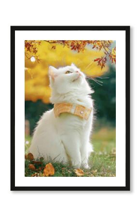 White cat, yellow shirt, autumn leaves, sitting grass, fluffy fur, outdoor, cute expression