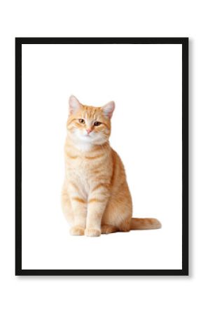 A charming orange tabby cat sitting gracefully against a clean white background. showcasing its playful demeanor and vibrant fur. perfect for pet-related content or animal photography