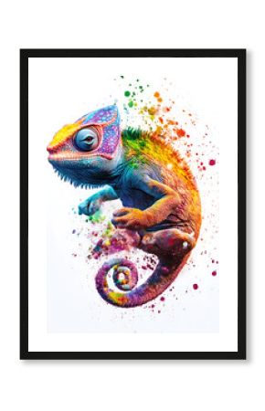 Colorful chameleon blending vibrant hues with splashes of paint in an artistic setting