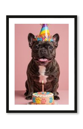 French bulldog celebrating birthday with cake and party hat