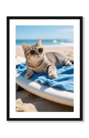A cat wearing sunglasses lounges on a surfboard at the beach.