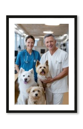 Friendly male veterinarian and smiling female veterinary nurse with two small dogs in a modern clinic environment for pet care and animal health