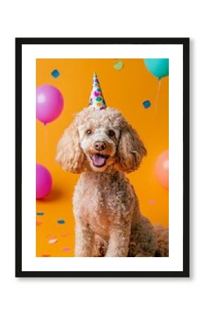 Poodle with colorful birthday decorations on simple backdrop.
