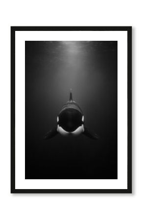 Orca en blanco y negro: retrato frontal bajo el océano, Orcinus orca iluminada por rayos submarinos, composición vertical, Silencio del mar: orca solitaria en retrato documental