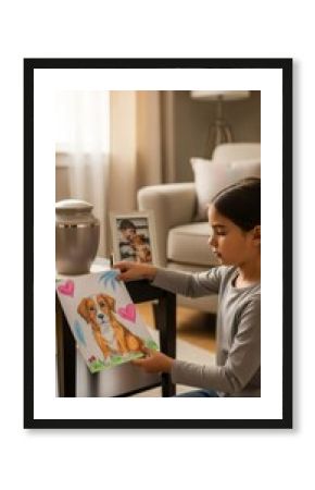 Woman holding child drawing of beloved dog near pet urn and picture. Remembering and grieving animal companion, celebrating life concept.