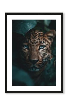 Close-up of a Wild Jaguar with Blue Eyes Peering Through Dense Jungle Vegetation.