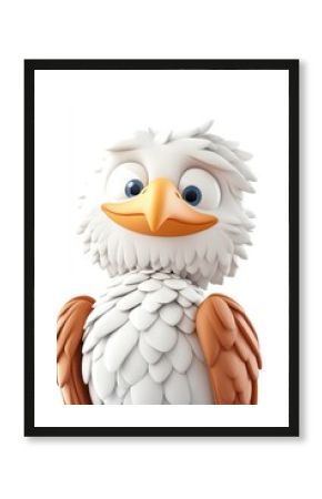 A 3D cartoon eagle character, isolate on white background, with exaggerated features and vibrant colors.