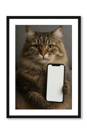 Cat holding blank smartphone screen.