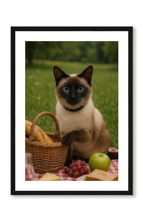 Siamese cat enjoying picnic outdoors.