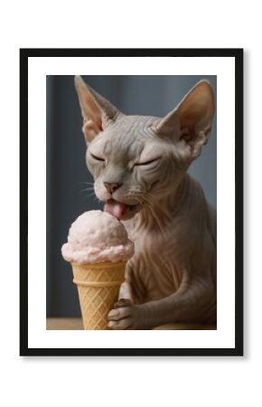 Sphynx cat licking ice cream.
