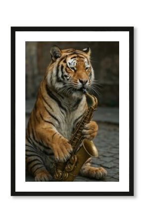 Tiger playing saxophone creatively