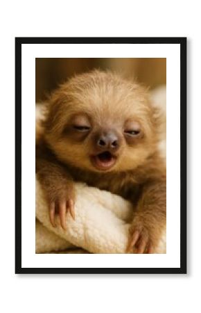 Adorable baby sloth yawning peacefully.
