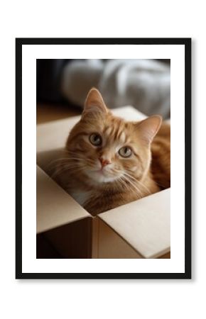 Adorable ginger cat relaxing inside a cardboard box at home