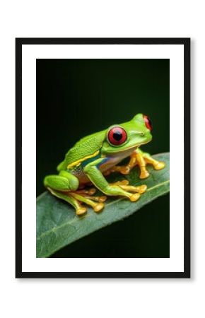 Red-eyed tree frog with vibrant colors perched on a leaf against a white background