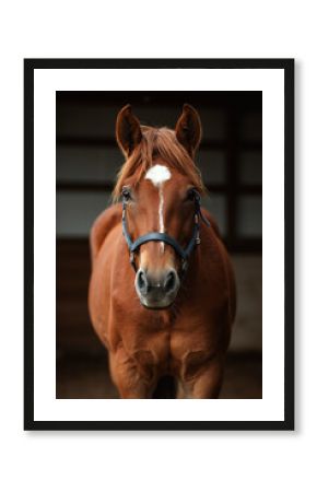 Chestnut horse portrait. Close-up of a brown horse wearing a halter looking directly at the camera.