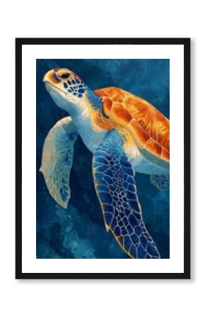 Bella, ilustración de una tortuga marina, muy colorida, nadando, Feliz, concepto de educación ambiental y biología marina