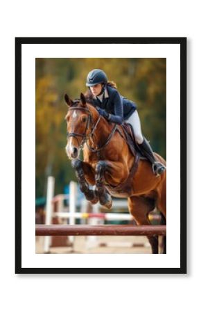 Rider jumps over obstacles during equestrian competition in a lush outdoor arena near golden autumn trees
