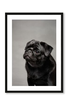 A black pug is photographed in a studio against a gray background, sitting with a curious look. The lighting highlights the dog's smooth coat and expressive face.