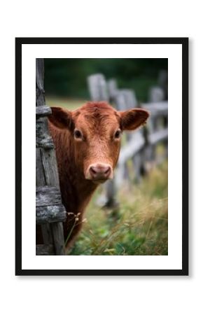 Brown cow standing gracefully beside a weathered wooden fence, grazing in a lush grassy pasture under the open sky