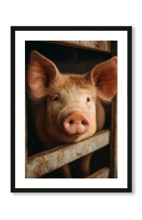 Portrait of a pig peering through wooden fence slats, revealing the realities of intensive farming and the life of livestock in confinement