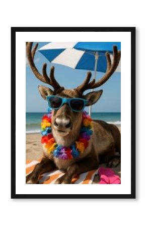 Reindeer enjoys tropical beach vacation.