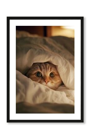 A chubby cat hiding under a fluffy duvet with only its wide eyes and ears visible, high contrast warm lighting
