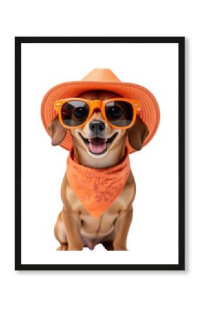Happy dog wearing sunglasses and straw hat, with orange bandana around its neck, exuding cheerful summer vibe