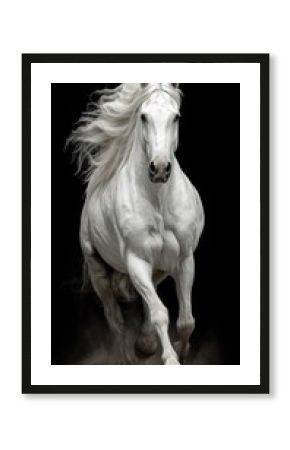 Majestic white horse galloping powerfully through a dramatic landscape with flowing mane and dust cloud