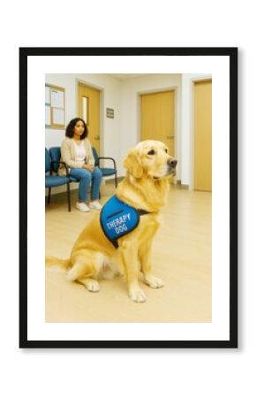 Golden retriever therapy dog sitting on light wood floor in clinic waiting room with calm woman in background, concept of emotional support. Ai generative
