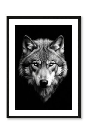 Intense wolf portrait, grey fur, piercing eyes. This wild predator, a canine from nature, stands out with its detailed face and powerful head. Captures the of the wolf untamed spirit.