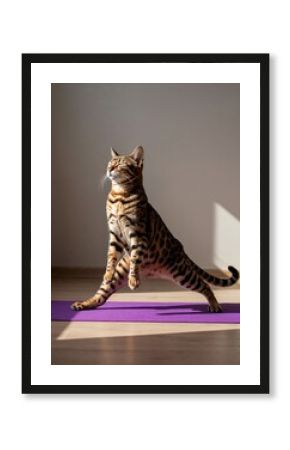 A Bengal cat in warrior pose on a yoga mat, eyes closed, peaceful vibe, soft light, clean background
