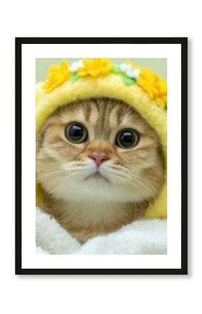 Curious golden cat in flower hood close up. High fidelity feline portrait