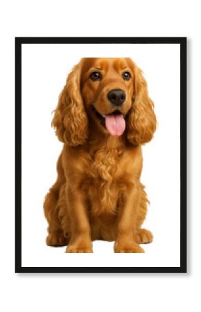 Cute golden Cocker Spaniel dog sitting with its tongue out on transparent background.